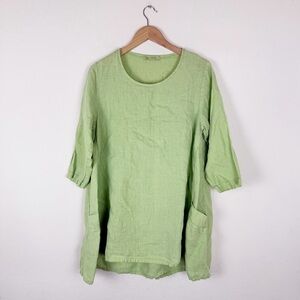 cut loose light green tunic front pockets lagenlook 100% linen